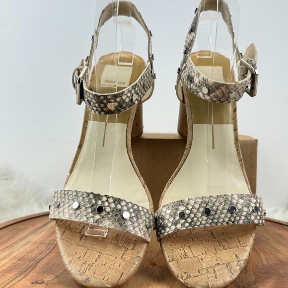 Dolce Vita Wmns Size 9M Jalina Grey Beige Snake Print Cork Heel Sandals Studded - Picture 10 of 16